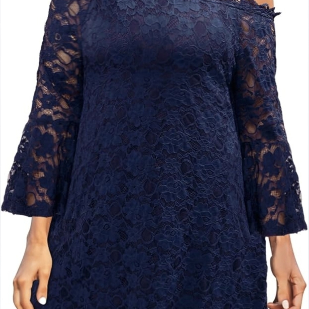 Elegant Navy Lace Off-Shoulder Dress - Picture 5 of 5